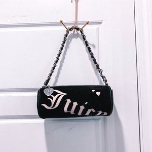 Rare Juicy Couture Barrel Bag - Black Velour With White Embroidery